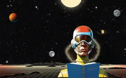 A person wearing a futuristic space helmet reads a copy of The Odyssey on another planet. In the background are Earth, Mars, the moon, sun, and stars. The person has dark brown skin and long thick black curly hair that appears from beneath their helmet.