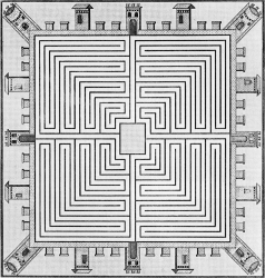 Nineteenth-century depiction of a Roman mosaic labyrinth, now lost, found in Villa di Diomede, Pompeii