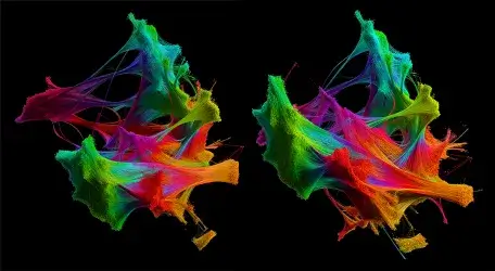 Black background with two rainbow-colored objects side by side. The objects have an irregular shape with gaps and tendons.