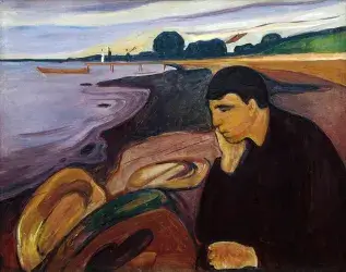 A nineteenth-century expressionist oil painting of a melancholy man sitting at the shore