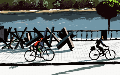 A painting of two people riding bicycles past anti-tank obstacles beside a river in Ukraine. The day is sunny and green trees stand across the riverbank.