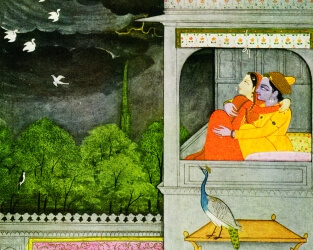 Image depicting an Indian woman and man in traditional dress embracing while looking up at birds in flight.