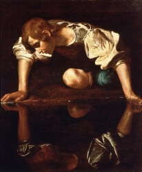 Oil painting of Narcissus staring at his reflection in a pool, by Caravaggio