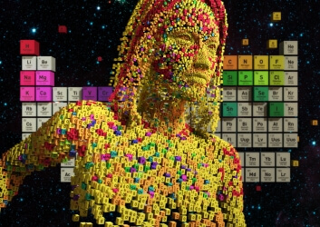 Woman composed of elements from the periodic table stands at attention in outer space