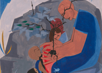 Jacob Lawrence oil painting of sitting man holding small tree in front of four children