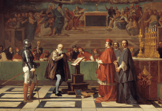 Oil painting by Joseph-Nicolas Robert-Fleury of Galileo testifying before the Holy Office