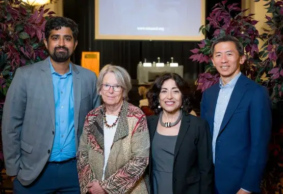 Posed portrait of the four speakers at the Berkeley event on artificial intelligence.