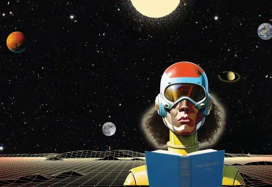 A person wearing a futuristic space helmet reads a copy of The Odyssey on another planet. In the background are Earth, Mars, the moon, sun, and stars. The person has dark brown skin and long thick black curly hair that appears from beneath their helmet.