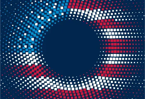 A circular pixelated red white and blue flag