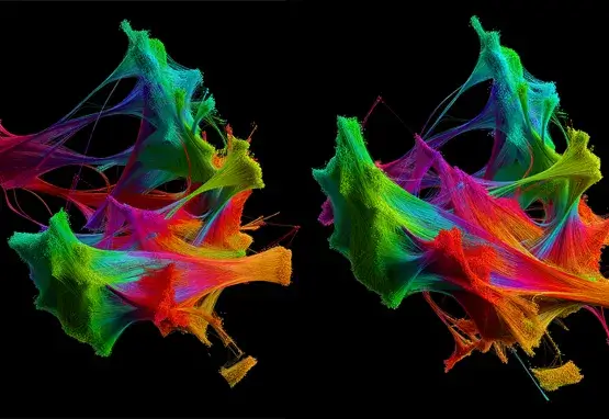 Black background with two rainbow-colored objects side by side. The objects have an irregular shape with gaps and tendons.