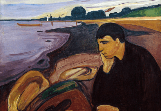 A nineteenth-century expressionist oil painting of a melancholy man sitting at the shore
