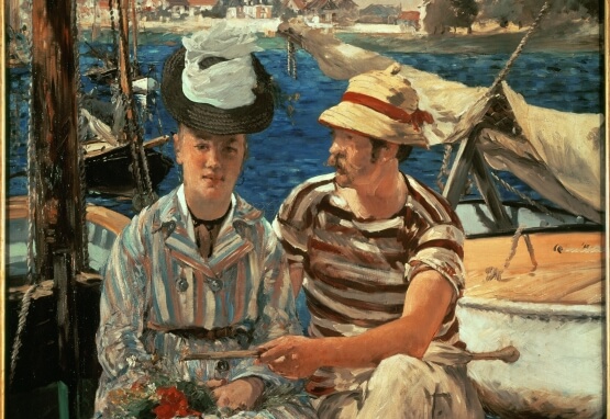 Elegant painting of a man and a woman conversing on a dock in the daytime