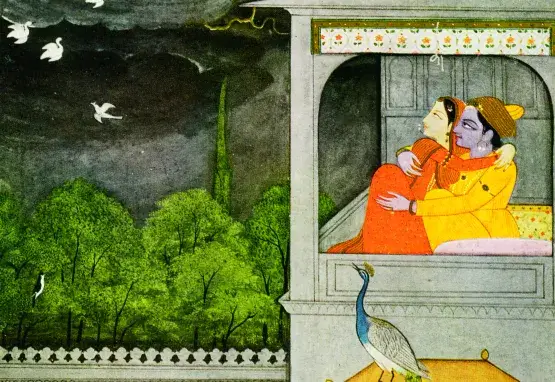 Image depicting an Indian woman and man in traditional dress embracing while looking up at birds in flight.