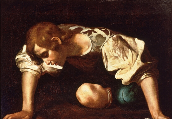 Oil painting of Narcissus staring at his reflection in a pool, by Caravaggio