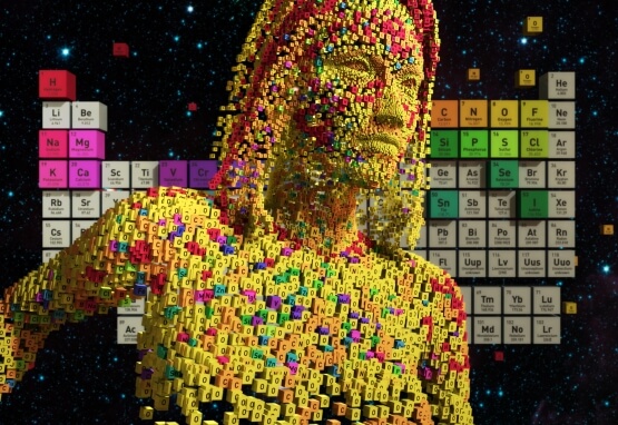Woman composed of elements from the periodic table stands at attention in outer space