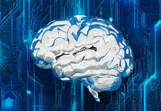 Image of a white brain against a blue computer circuit board. 