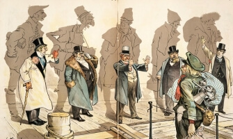 “Looking Backward. They Would Close to the New-Comer the Bridge That Carried Them and Their Fathers Over” (1893) by Joseph Ferdinand Keppler (1838–1894).