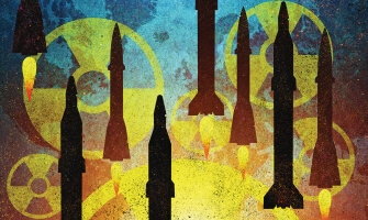 A digital illustration of missiles flaring upward superimposed over radioactivity symbols. 