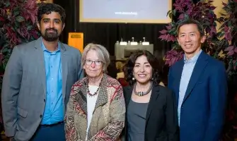 Posed portrait of the four speakers at the Berkeley event on artificial intelligence.
