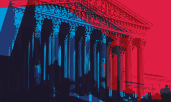 Stylized illustration of the Supreme Court building. There are three transparent images of the building on top of one another in light blue, dark blue, and dark red. The background of the illustration is a bright red.