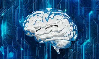 Image of a white brain against a blue computer circuit board. 