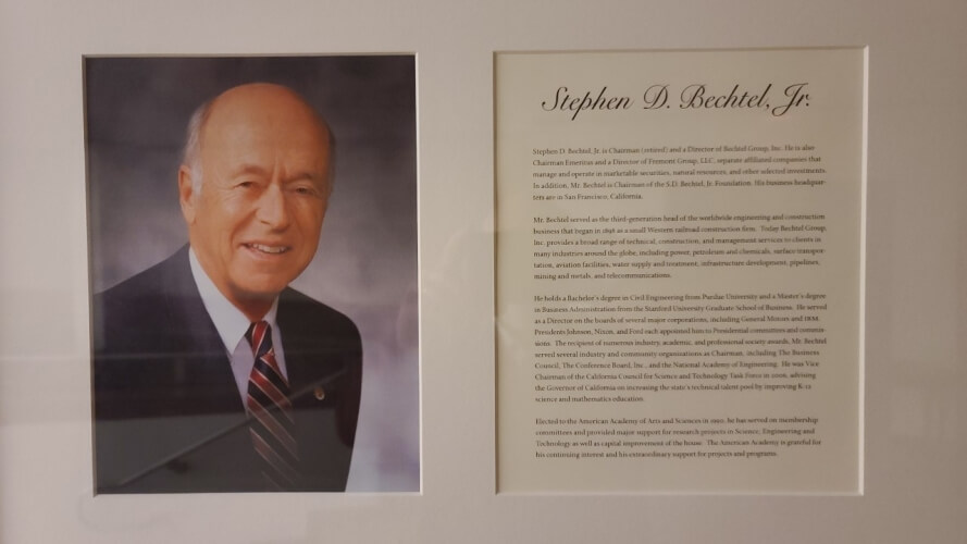 Bechtel Signage from Academy Auditorium.jpg Sign Recognizing Stephen D. Bechtel, Jr. in the Bechtel Auditorium at the American Academy of Arts & Sciences in Cambridge, MA