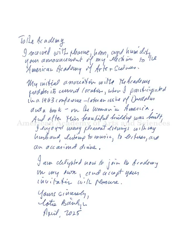 Letter of acceptance from Lotte Bailyn: black handwriting on white paper