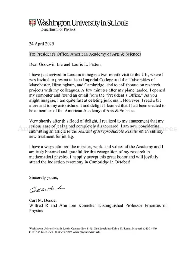Letter of acceptance from Carl M. Bender: black text on white paper