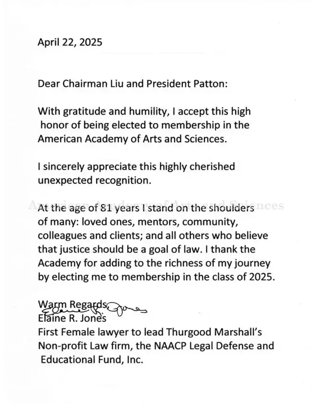 Letter of acceptance from Elaine R. Jones: black text on white paper