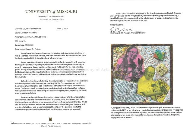 Letter of acceptance from Deborah Pearsall: black text and color image on white paper, two pages