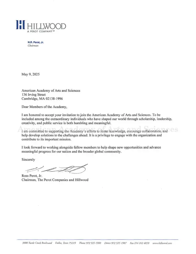 Letter of acceptance from Ross Perot, Jr.: black text on white paper