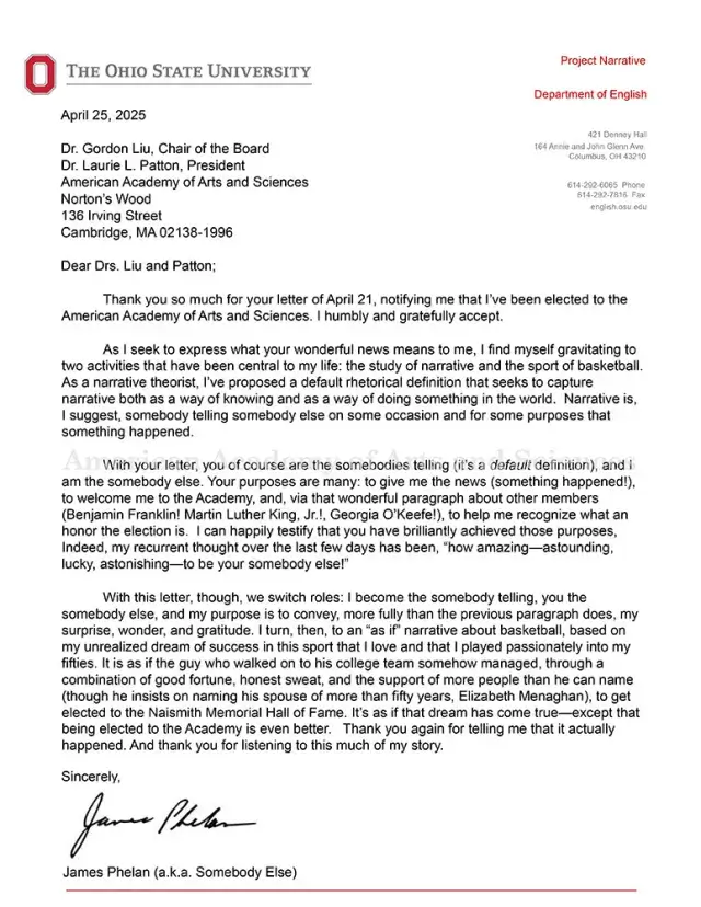 Letter of acceptance from James Phelan: black text on white paper