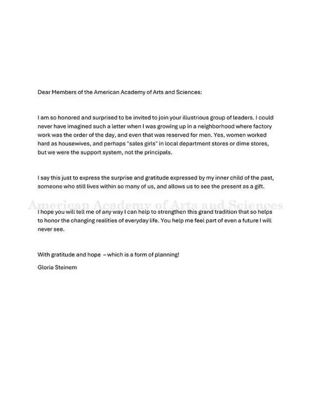 Letter of acceptance from Gloria M. Steinem: black text on white paper