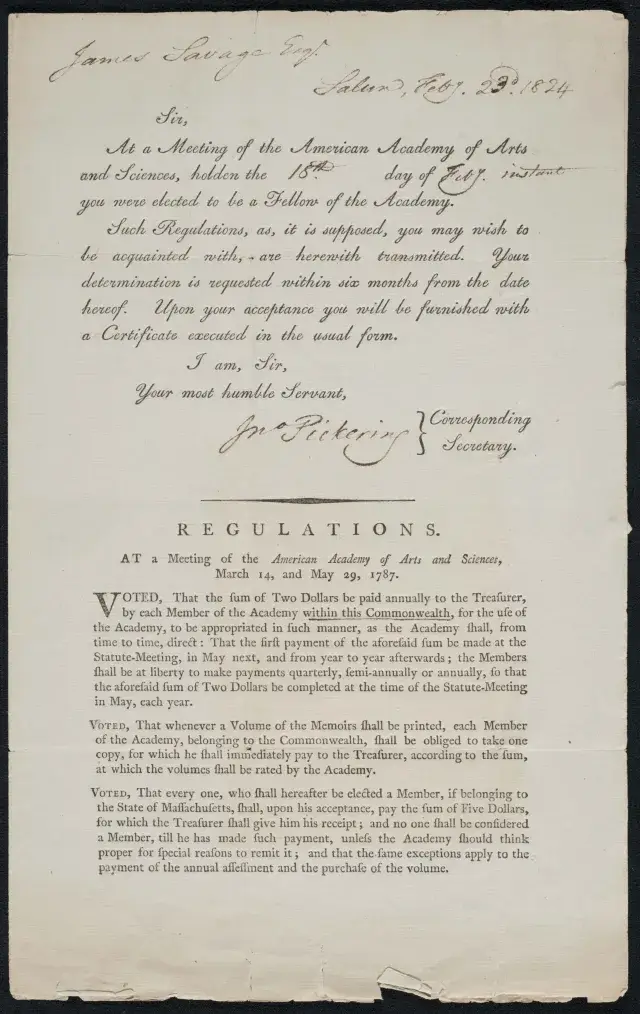 Letter of notification of election, John Pickering to James Savage, 23 February 1824