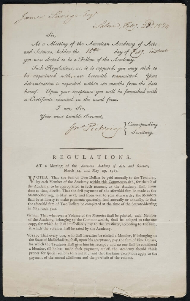 Letter of notification of election, John Pickering to James Savage, 23 February 1824