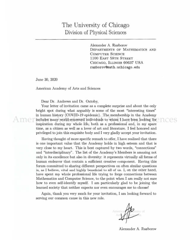 Letter from Alexander A. Razborov