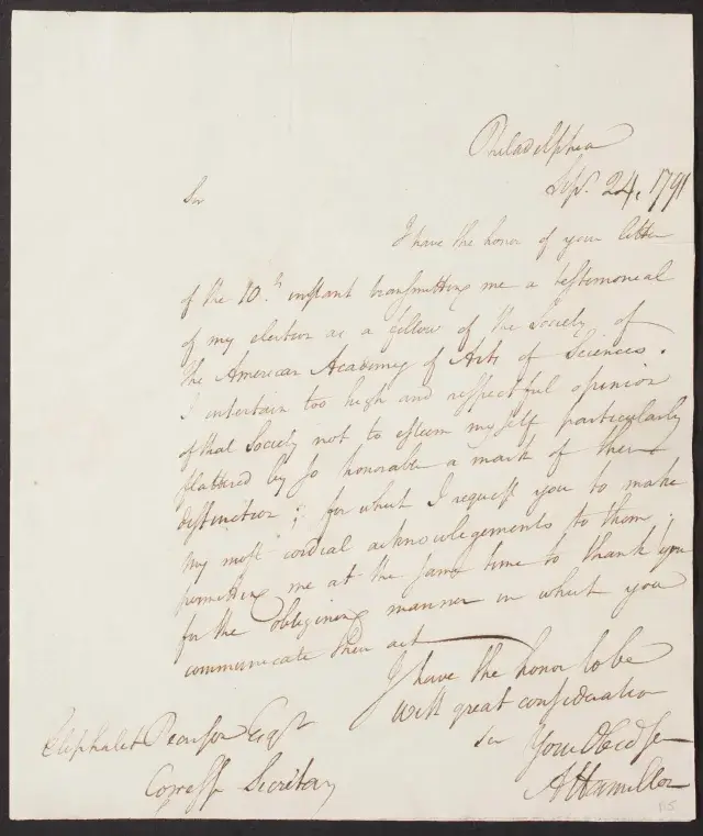 Acceptance letter from Alexander Hamilton, 1791