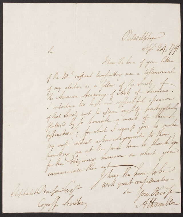 Acceptance letter from Alexander Hamilton, 1791