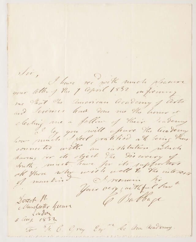 Acceptance letter from Charles Babbage, 1832