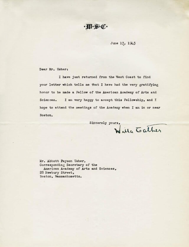 Willa Cather Letter of Acceptance 1943