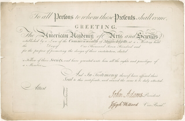 Academy Membership Certificate, signed by John Adams