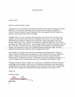 Typewritten letter from Glenn Close, April 28, 2022
