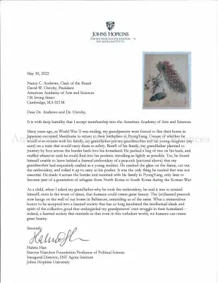 Typewritten letter from Hahrie Han with image of embroidered peacock, May 30, 2022
