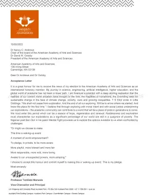 Typewritten letter from Tshilidzi Marwala, May 10, 2022