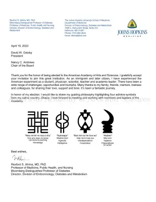 Typewritten letter from Rexford S. Ahima with four adinkra symbols and translations, April 19, 2023