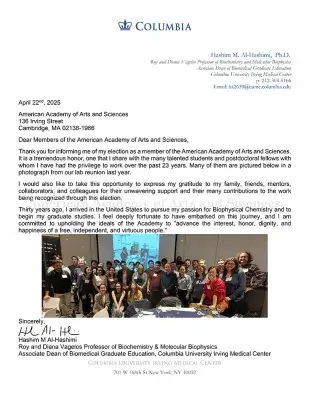 Letter of acceptance from Hashim Al-Hashimi: black text and color image on white 8.5x11 paper