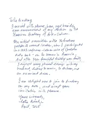 Letter of acceptance from Lotte Bailyn: black handwriting on white paper