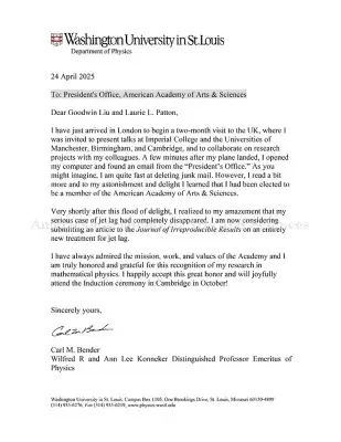 Letter of acceptance from Carl M. Bender: black text on white paper