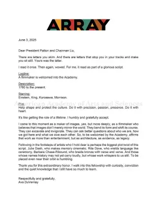 Letter of acceptance from Ava DuVernay: black text on white paper