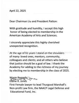 Letter of acceptance from Elaine R. Jones: black text on white paper